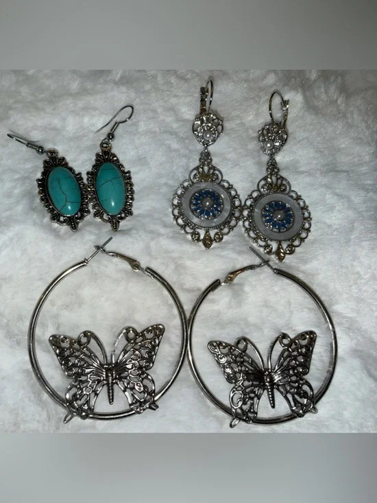 Silver tone pierced earring lot-Butterfly Hoops, Turquoise Oval & Filigree Drop - Picture 3 of 7